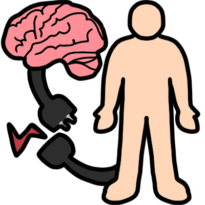 a pink brain and a cream colored body. both have a black cable with plug coming out of them. the plugs are disconnected, and there's a small red zigzag showing that it isn't working.